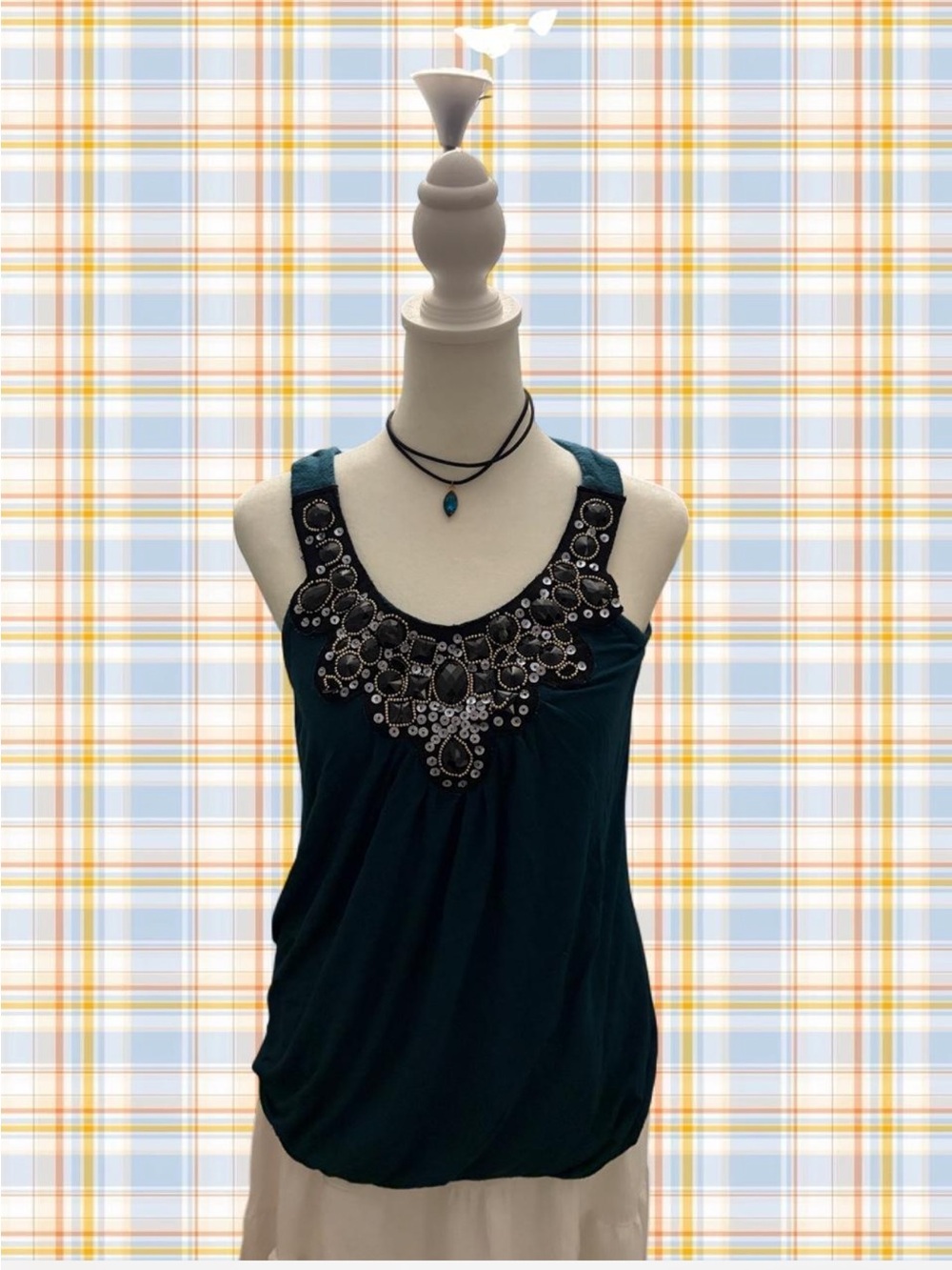 Studio Y Teal Tank Top with Black Jeweled Neckline